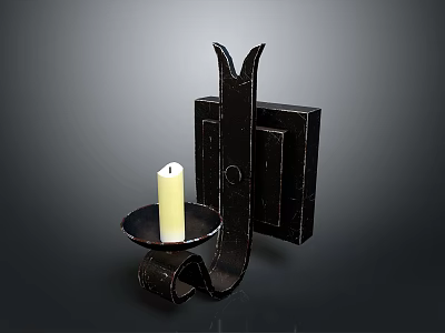 Black Metal Wall Mounted Candle Holder With White Candle On Dark Background 3d model
