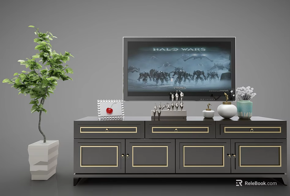 Modern TV Stand with TV Green Plant and Decorations on Top 3d model 