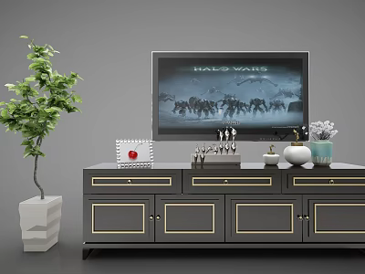 Modern TV Stand with TV Green Plant and Decorations on Top 3d model