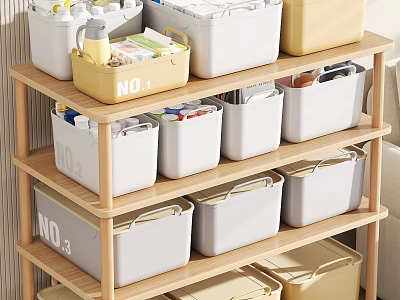Home Organizing Storage Bins On Wooden Shelf Rack With Labeled Containers In Various Colors 3d model