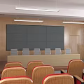 Conference Room Interior With Rows Of Red Seats Windows And Ceiling Lighting