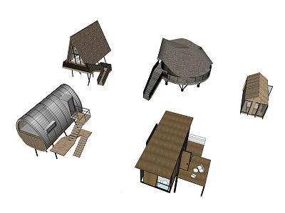 Various Wooden House Designs Featuring Different Roof Shapes Steps And Balconies 3d model