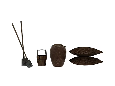 Charming Garden Accessories with Shovels Wooden Bucket Clay Pot and Soil 3d model