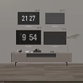 Modern TV Stand With Different Size TVs Time Display Decorative Items And Leafy Plant