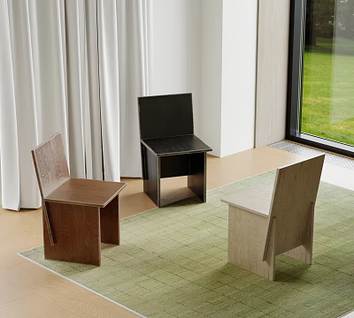 Stylish Wooden Single Chairs in Different Colors on Green Rug Indoor with Window View 3d model