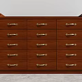 Wooden Tea Cabinet With Multiple Drawers And Golden Handles Against White Wall On Gray Floor