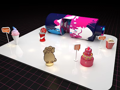 Colorful Dessert Setup With Ice Cream Cone Cupcake Dog Shaped Cookie Price Signs White Platform 3d model