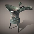 Ancient Bronze Cup With Three Legs And Intricate Traditional Carvings Design