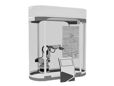 Transparent Display Case With Automated Robotic Arm Interactive Screen And Technical Diagram Interface 3d model
