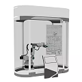 Transparent Display Case With Automated Robotic Arm Interactive Screen And Technical Diagram Interface