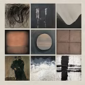 Collection of Nine Art Paintings in Grid with Abstract and Figurative Styles