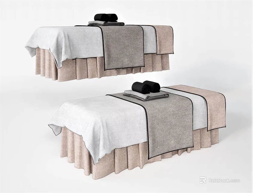 Two Comfortable Massage Beds with White Sheets Gray Towels and Beige Skirts 3d model 