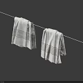 Two White Towels With Gray Stripes Hanging On Clothesline Against Dark Blue Background