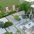 Beautiful Courtyard Garden With Wooden Fence Lawn Table Chairs Plants Fountain And Glass Floor