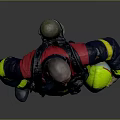 A Man in Firefighter Uniform with Hands on Hips Holding Yellow Helmet Against Grey Background