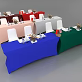 Vibrant Rectangular Tables Setup With Various Colored Tablecloths White Chairs Wine Glasses And Vases 3d model