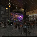 Modern Bar Interior With Large Projection Screen Green Plant Wall And Hanging Lights