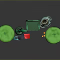 Green Chair With Round Cushions Potted Plant Clay Pot Colorful Blocks And Orange Cylinders Scene