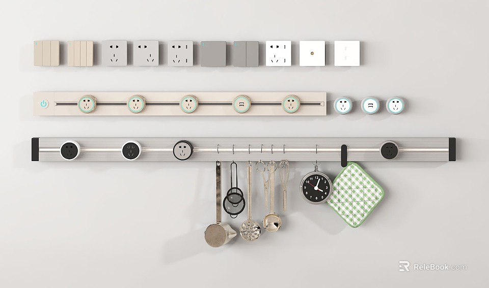 Switch Panels with Multiple Sockets Gray White Tones and Modern Strip Mounting Design 3d model 
