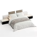 Double Bed With White Quilt Gray Stripes And Upholstered Headboard In Bedroom