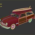 Classic Red Vintage Station Wagon With Wooden Panels And Surfboard On Roof