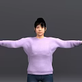 A Woman in Purple Sweater and Blue Jeans with Arms Outstretched Against Gray Background