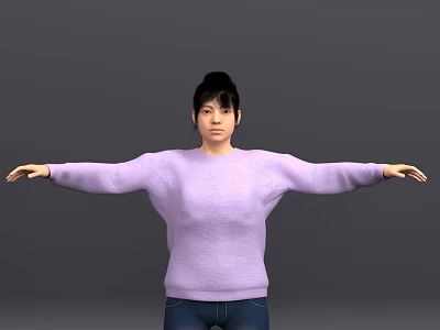 A Woman in Purple Sweater and Blue Jeans with Arms Outstretched Against Gray Background 3d model