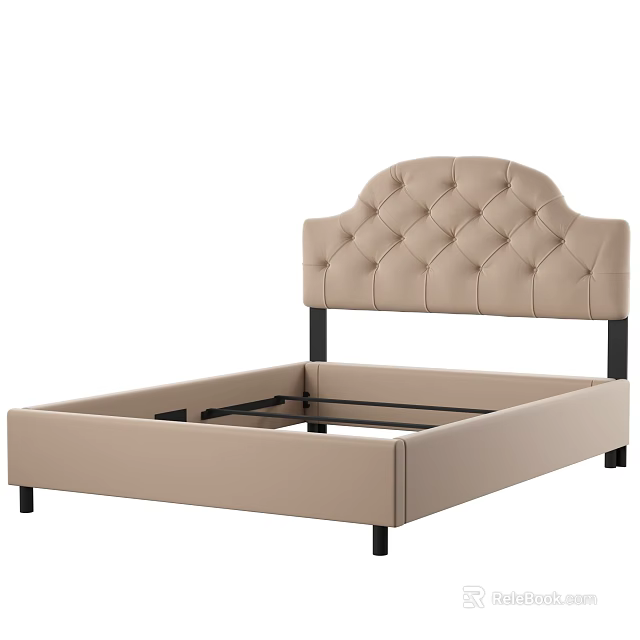 Beige Upholstered Double Bed With Diamond Tufted Headboard And Black Legs 3d model 
