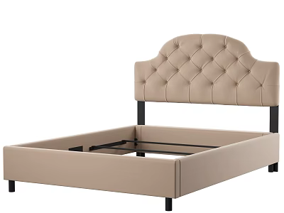 Beige Upholstered Double Bed With Diamond Tufted Headboard And Black Legs 3d model