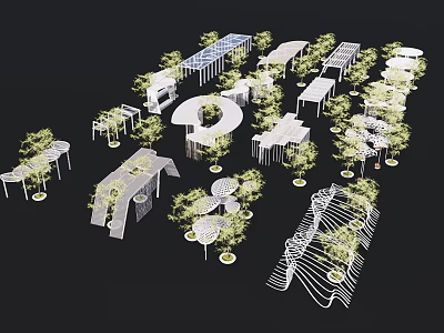 Various Pergola Designs In Outdoor Landscape With Green Trees And Structures 3d model