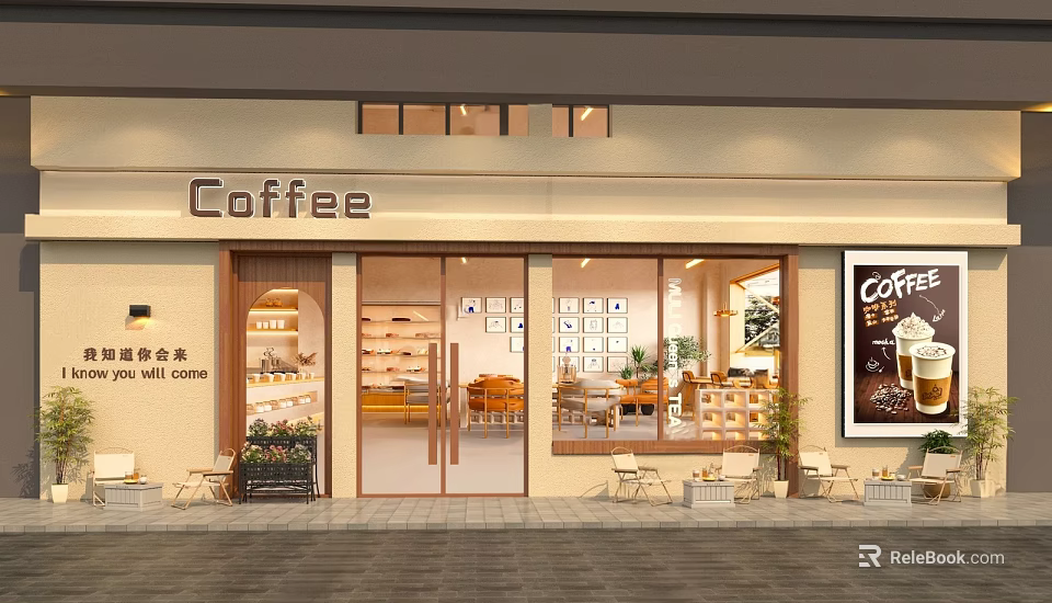 Coffee Shop Exterior With Glass Doors Windows Interior Tables Chairs Green Plants And Outdoor Seating 3d model 