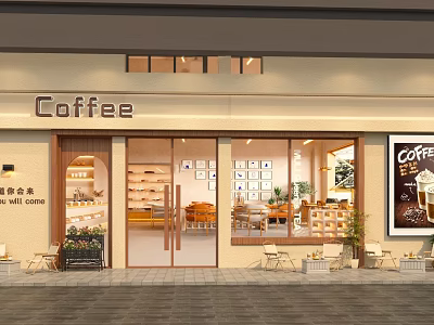 Coffee Shop Exterior With Glass Doors Windows Interior Tables Chairs Green Plants And Outdoor Seating 3d model