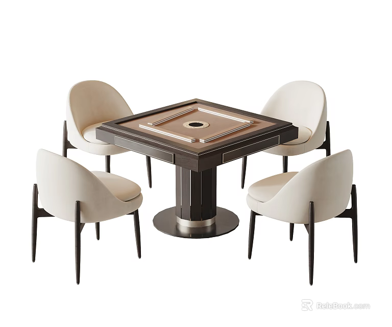 Square Entertainment Table With Round Center And Four Light Colored Chairs Black Legs Metal Base 3d model 