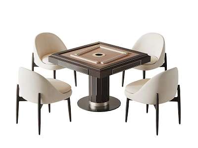Square Entertainment Table With Round Center And Four Light Colored Chairs Black Legs Metal Base 3d model
