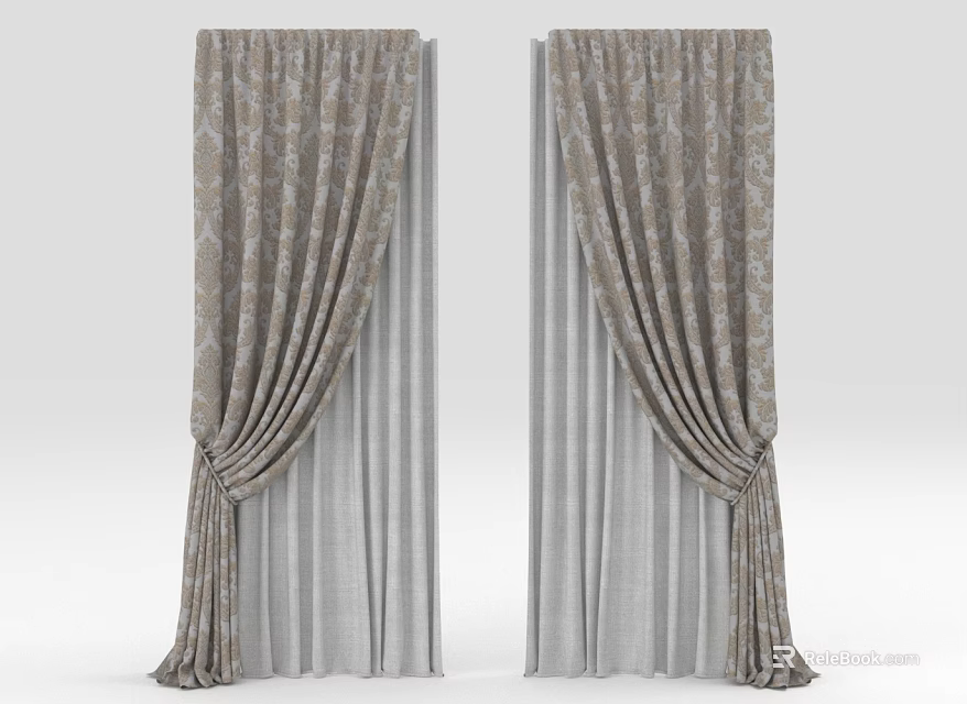 Elegant Beige Curtains With Floral Patterns And Layered Gray Striped Sheer Fabric 3d model 