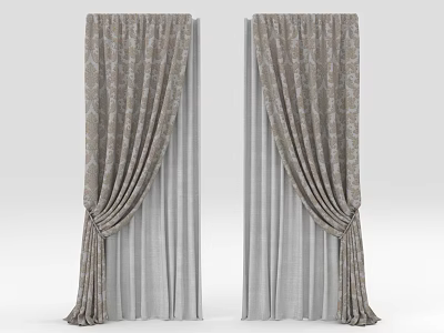 Elegant Beige Curtains With Floral Patterns And Layered Gray Striped Sheer Fabric 3d model