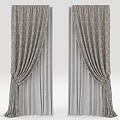 Elegant Beige Curtains With Floral Patterns And Layered Gray Striped Sheer Fabric