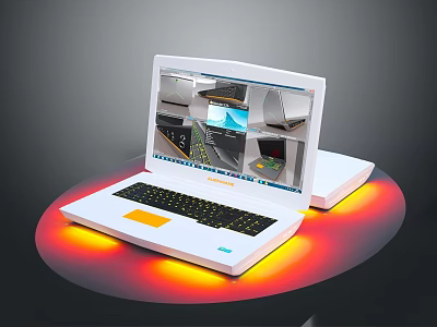 Modern Open White Laptop With Black Keyboard Screen Showing Content Bottom Red And Yellow Glow 3d model