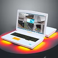 Modern Open White Laptop With Black Keyboard Screen Showing Content Bottom Red And Yellow Glow