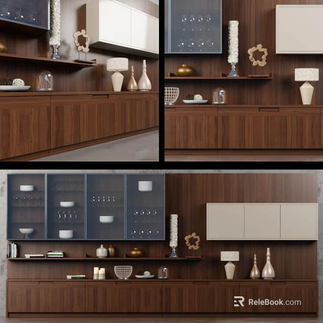 Modern Wall Cabinets With Wooden Finish And Decorative Items In Interior Design 3d model 