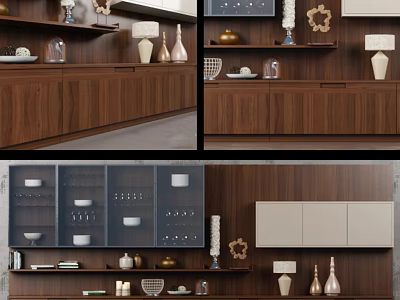 Modern Wall Cabinets With Wooden Finish And Decorative Items In Interior Design 3d model