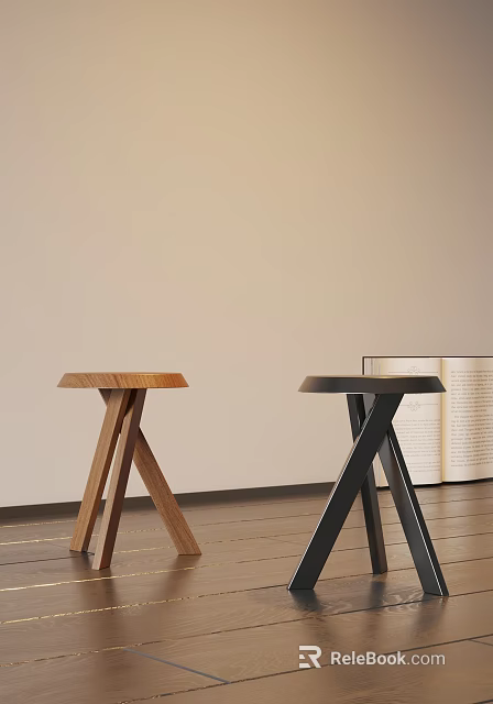 Minimalist Interior With Two Colored Stools Wooden Brown And Black Featuring Open Book 3d model 