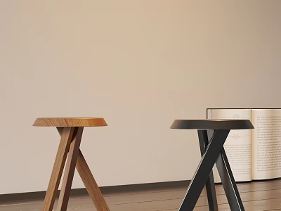 Minimalist Interior With Two Colored Stools Wooden Brown And Black Featuring Open Book 3d model