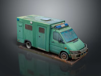Green Ambulance Model With Blue Emergency Lights And Display Base 3d model