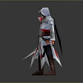 White And Red Hooded Character In Outfit With Sword And Falcon Companion