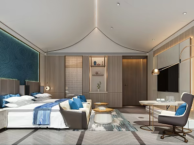 Modern Hotel Room Interior Design With Comfortable Bed Sofa TV And Decorative Wall 3d model