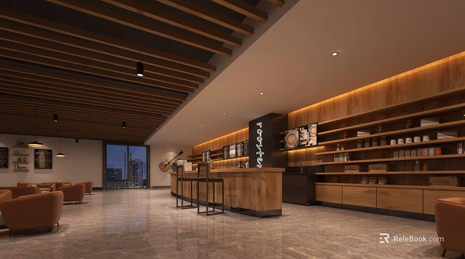 Modern Café With Wooden Ceiling Bar Counter High Stools Display Shelves And Window View 3d model 