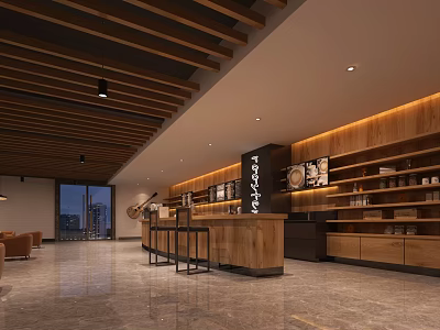 Modern Café With Wooden Ceiling Bar Counter High Stools Display Shelves And Window View 3d model
