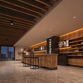 Modern Café With Wooden Ceiling Bar Counter High Stools Display Shelves And Window View
