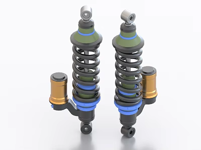 Industrial Shock Absorbers with Coil Springs Green Blue Components and Gold Bases 3d model